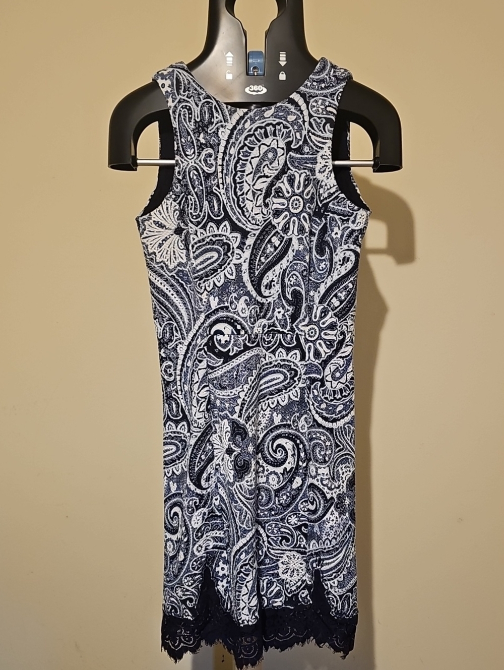 H&M Navy and White Paisley Midi Dress with Lace Trim Small